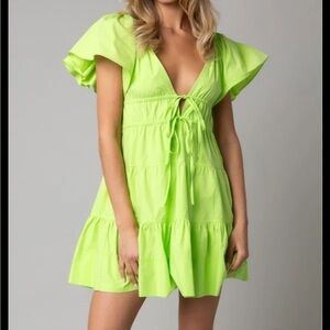 Olivaceous Neon Green V-Neck Tie-Front Mini Dress